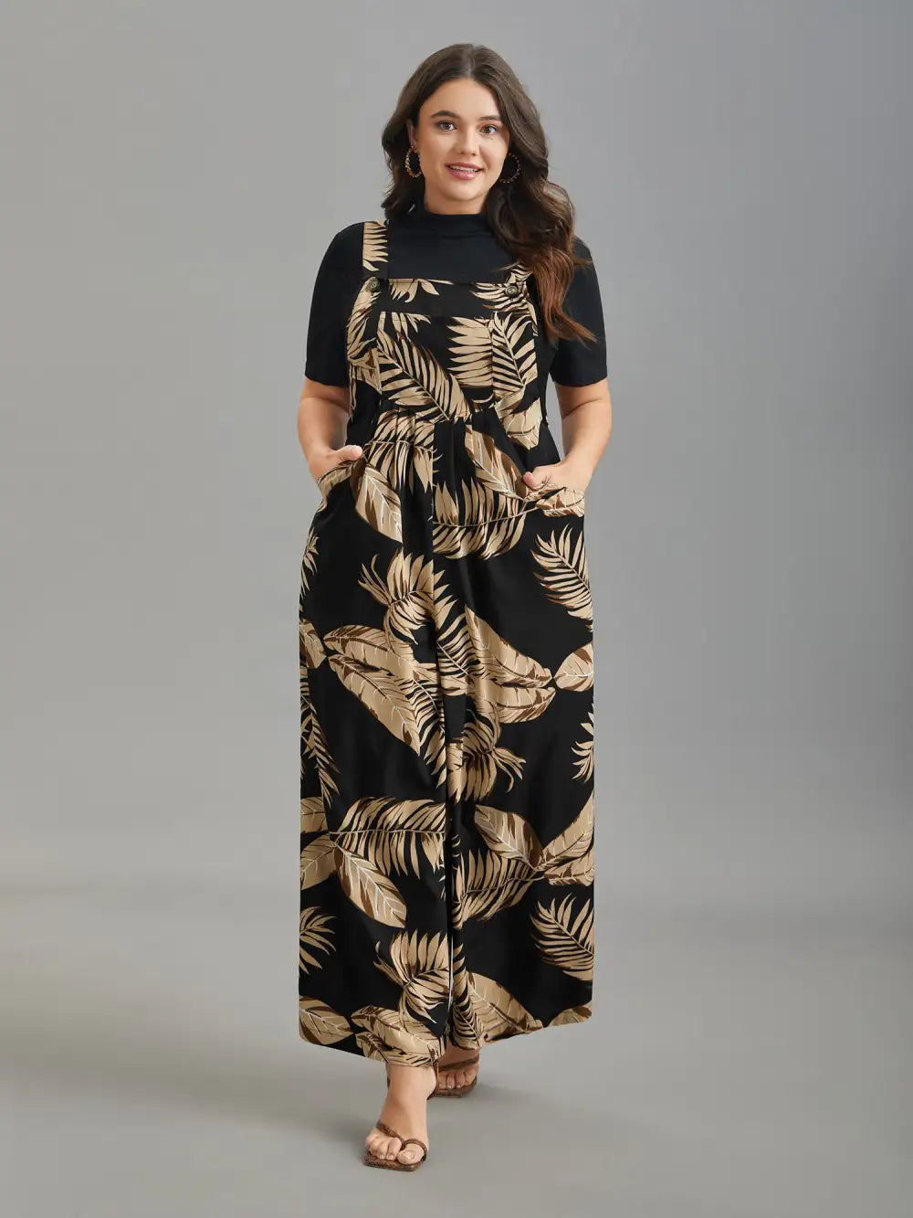 Tropical Leaf Print Overall Straps Jumpsuit