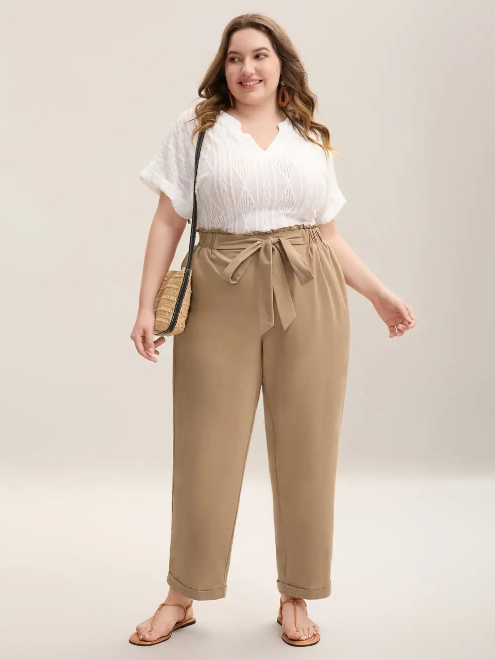 Belted Smocked Straight-Leg Pants