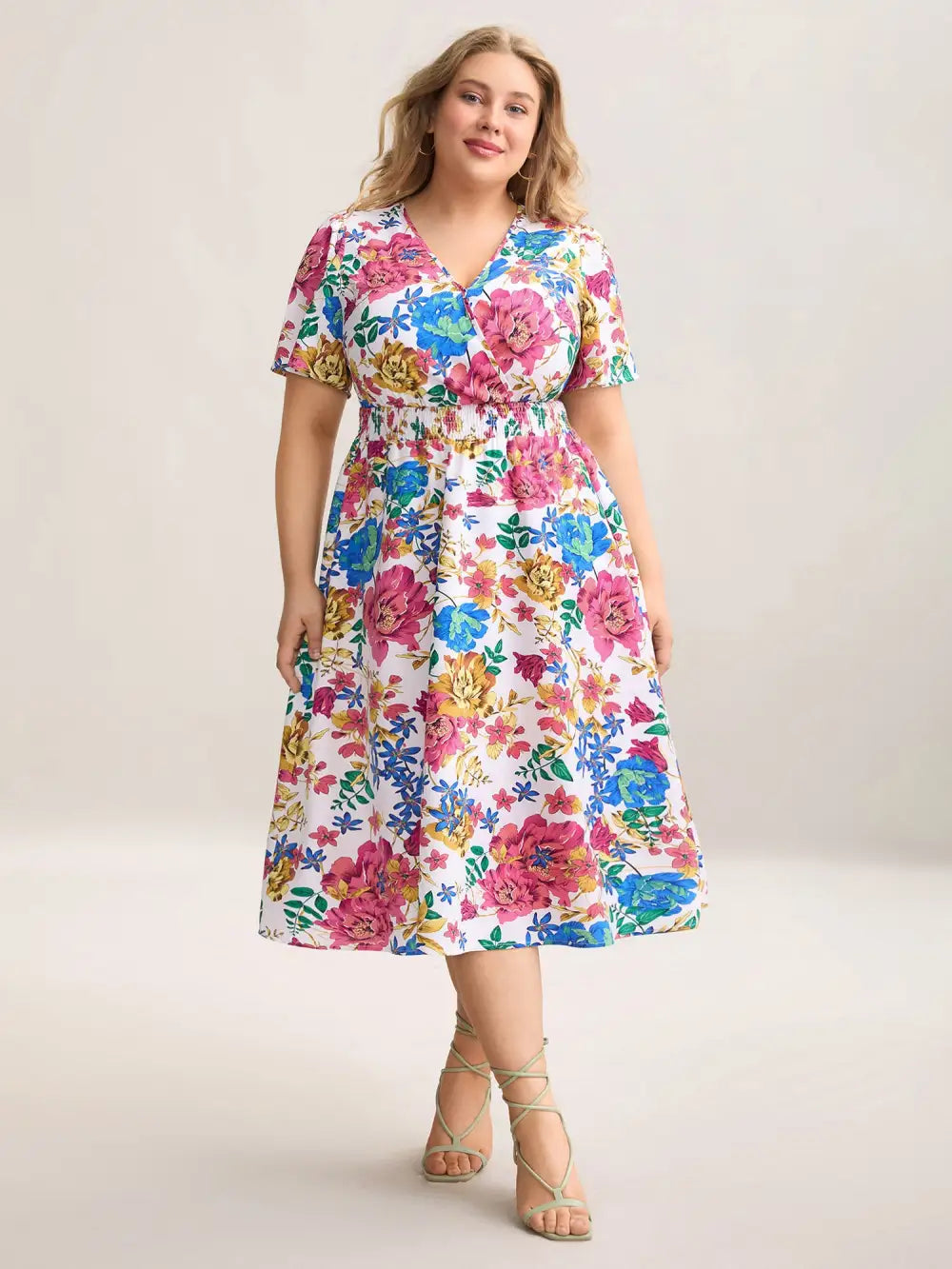 Blooming Flowers Surplice Neck Pockets Dress