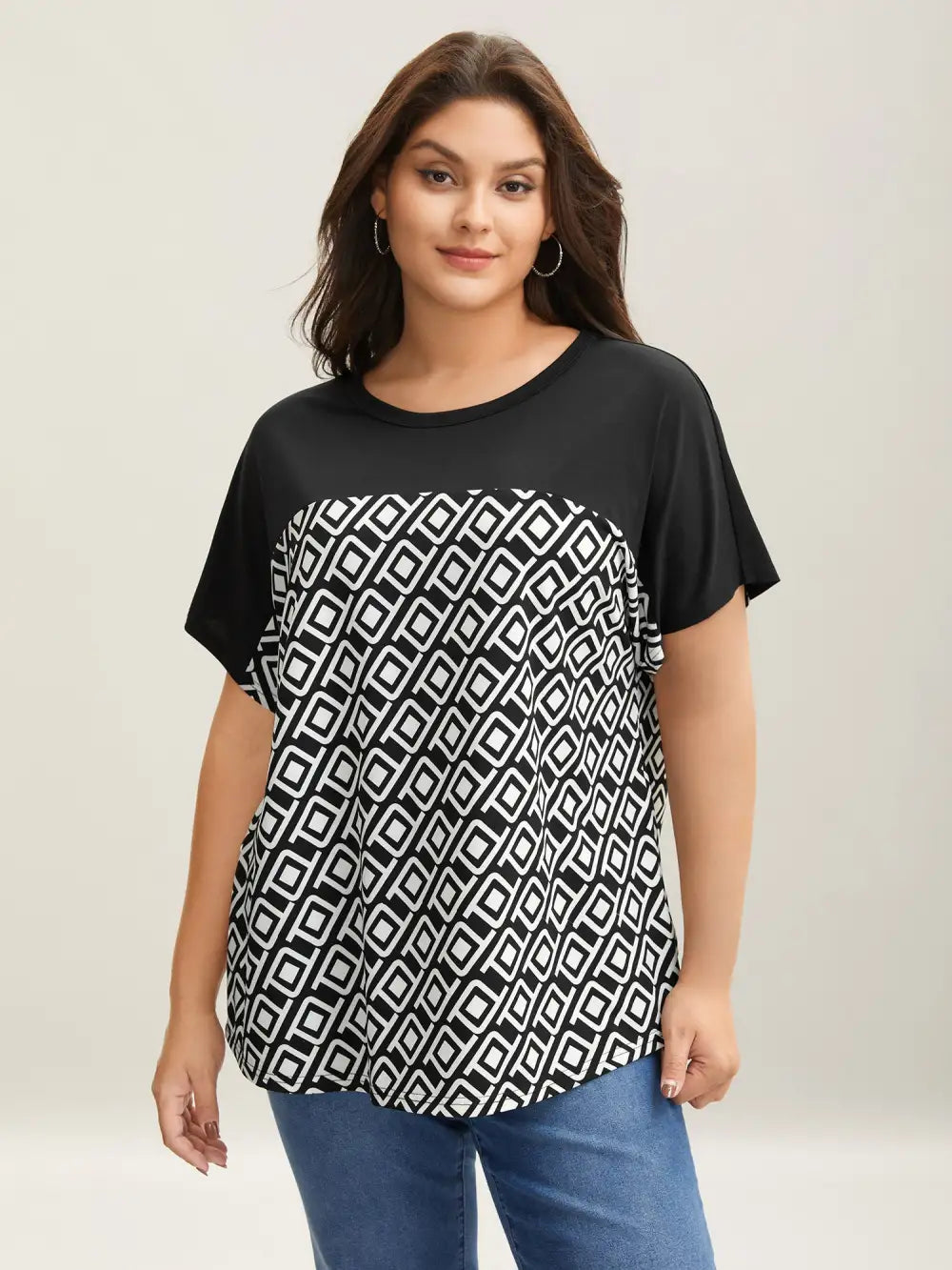 Geometric Print Spliced Crew Neck T-Shirt