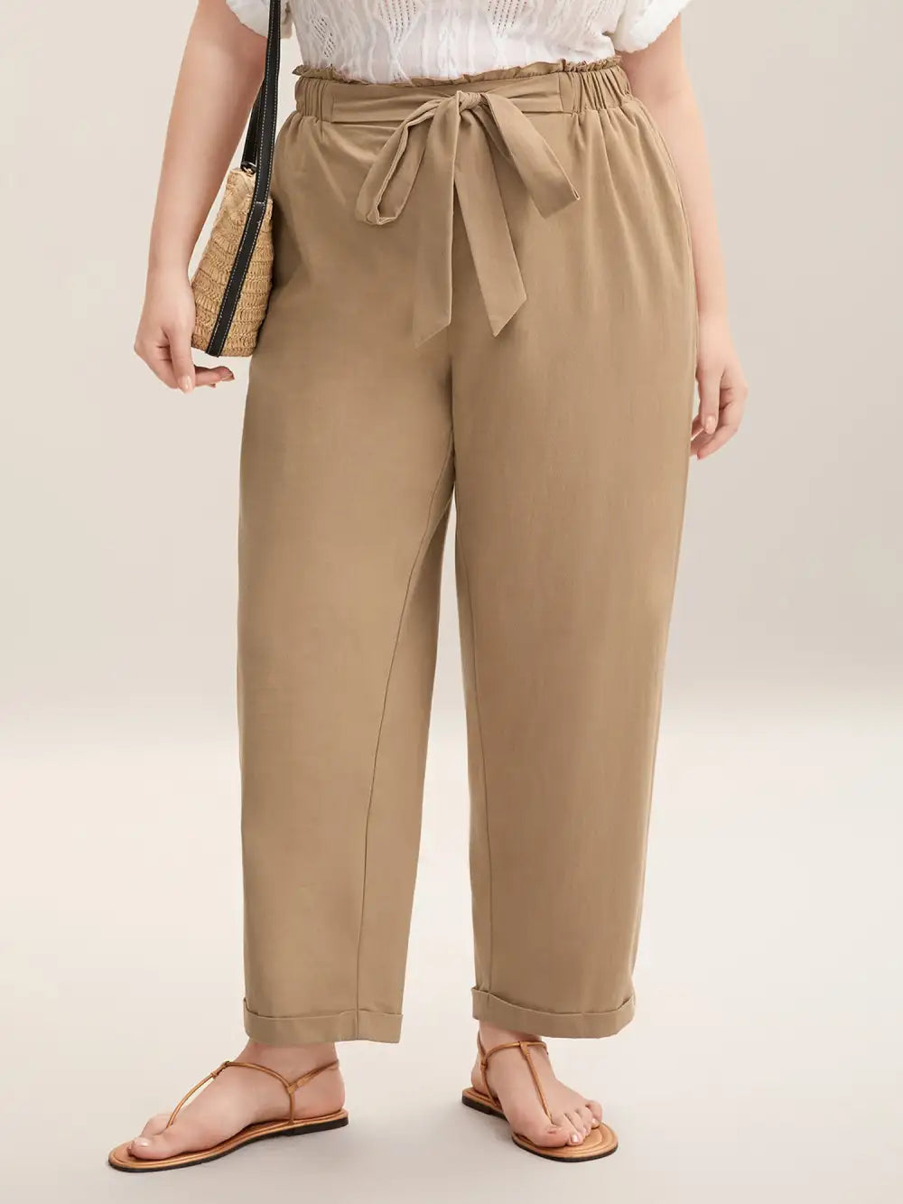 Belted Smocked Straight-Leg Pants