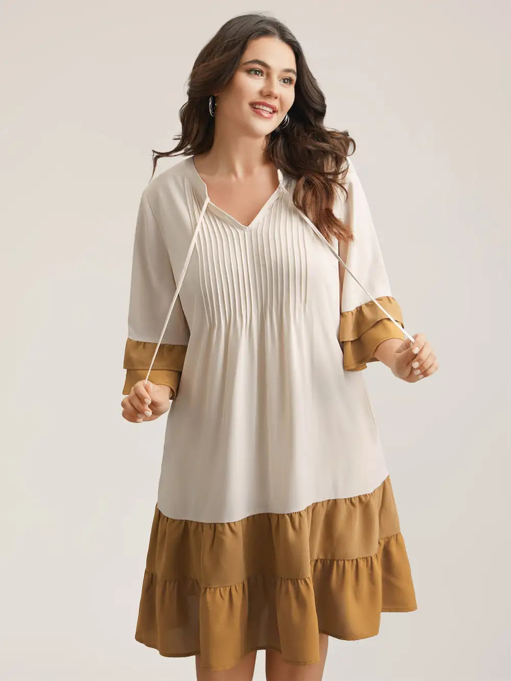 Color Block Neck-Tie Tiered Midi Dress