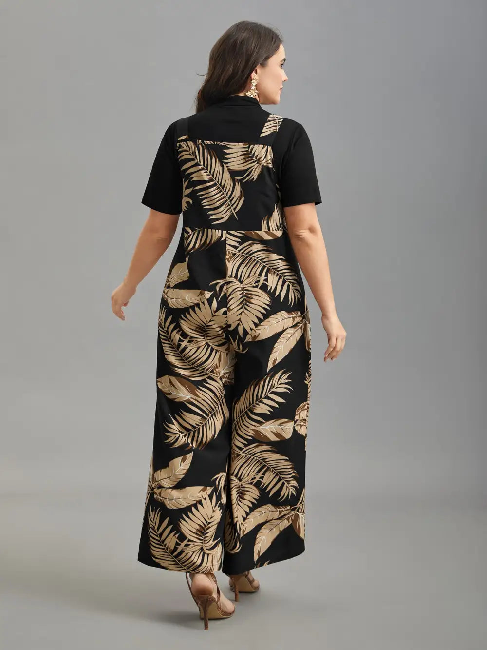 Tropical Leaf Print Overall Straps Jumpsuit