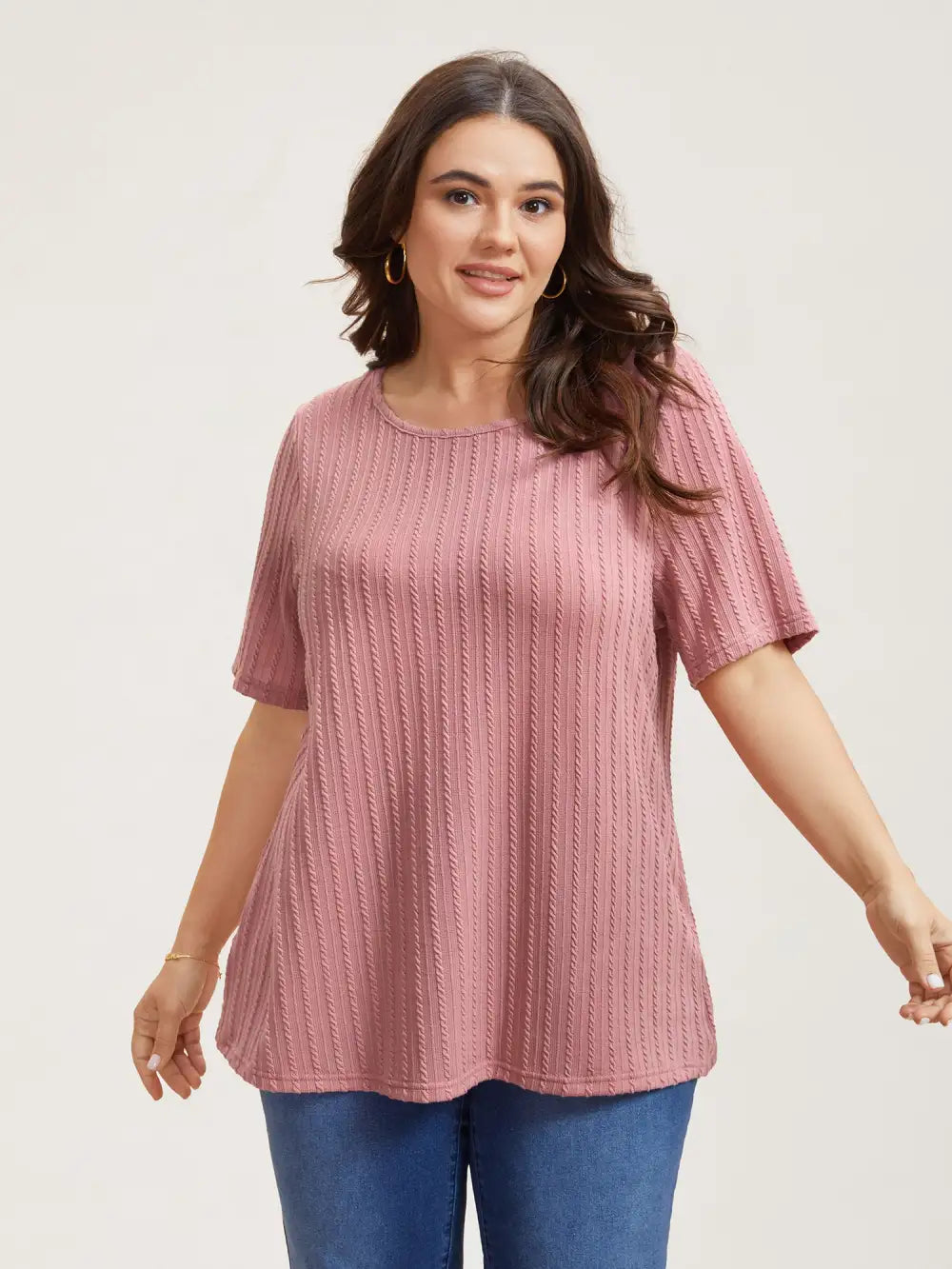 Cable Knit Textured Round Neck T-Shirt