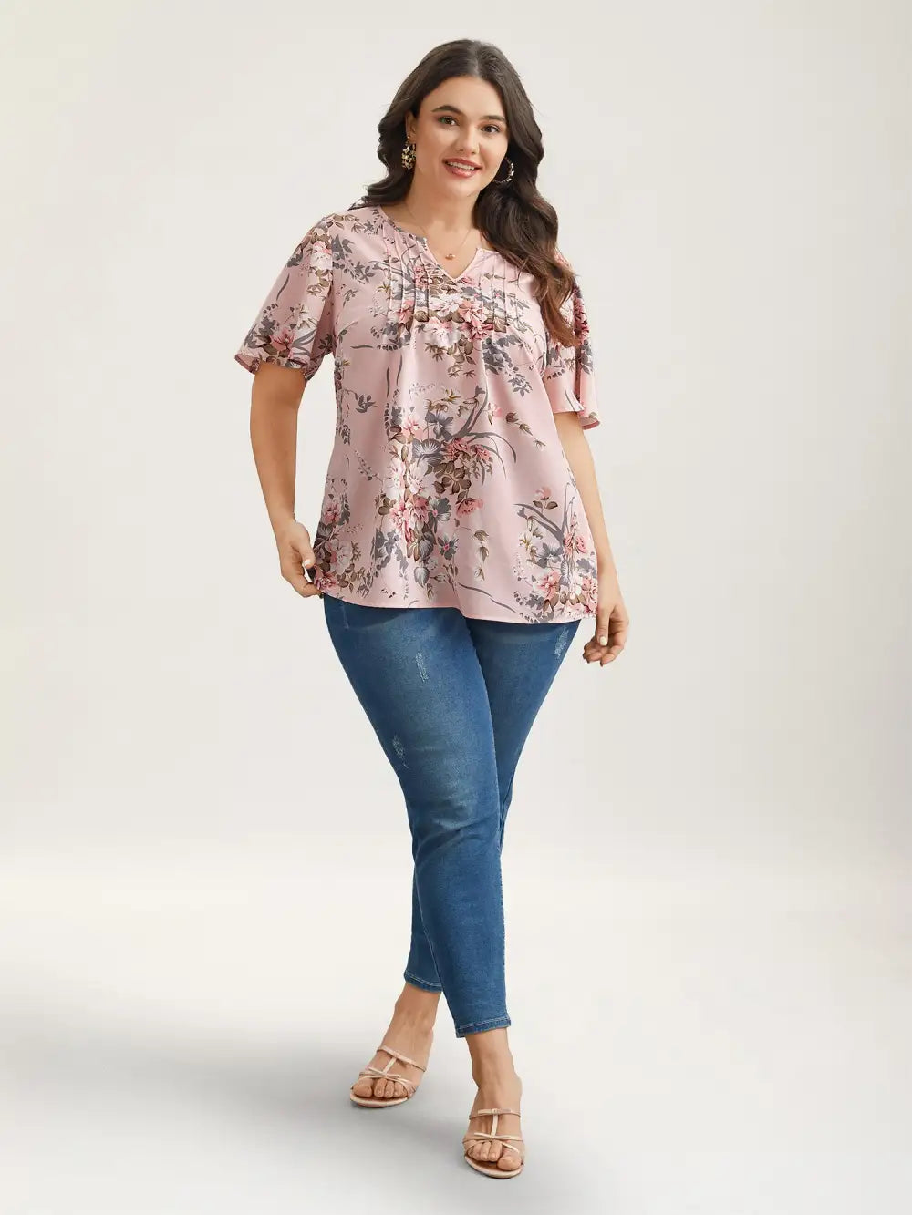 Spring Pattern Neck Cut-Out Pleated Shirt