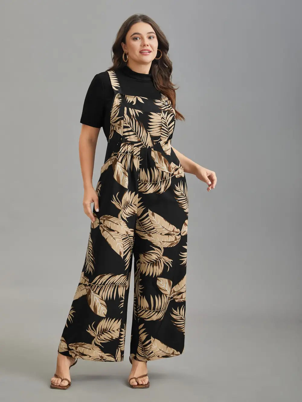 Tropical Leaf Print Overall Straps Jumpsuit
