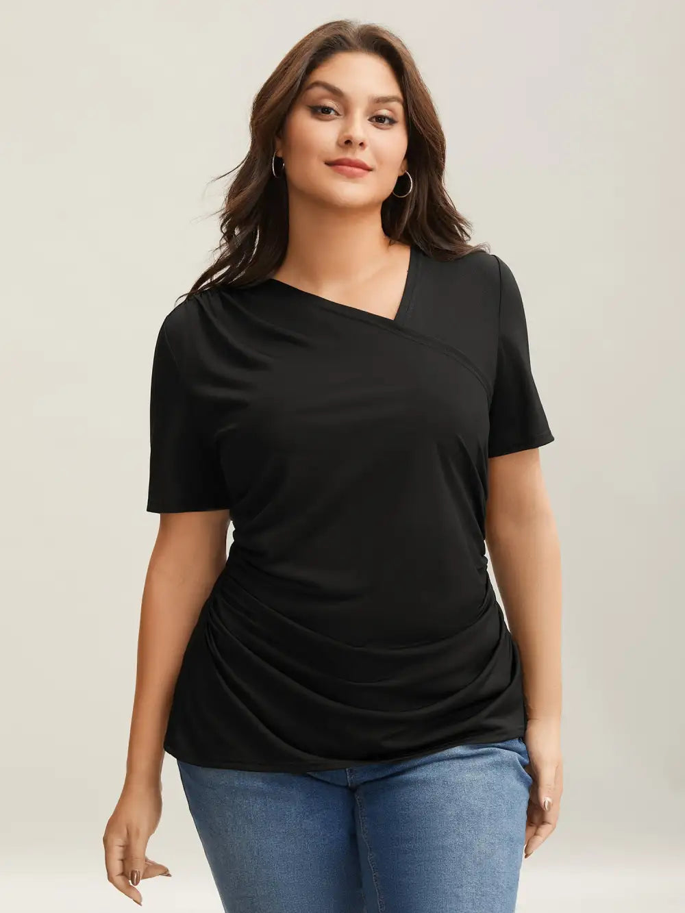 Asymmetrical Neckline Curved Hem Plain T-Shirt