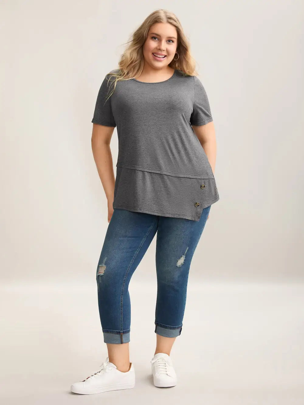 Asymmetrical Hem Buttons Plain Knit Top