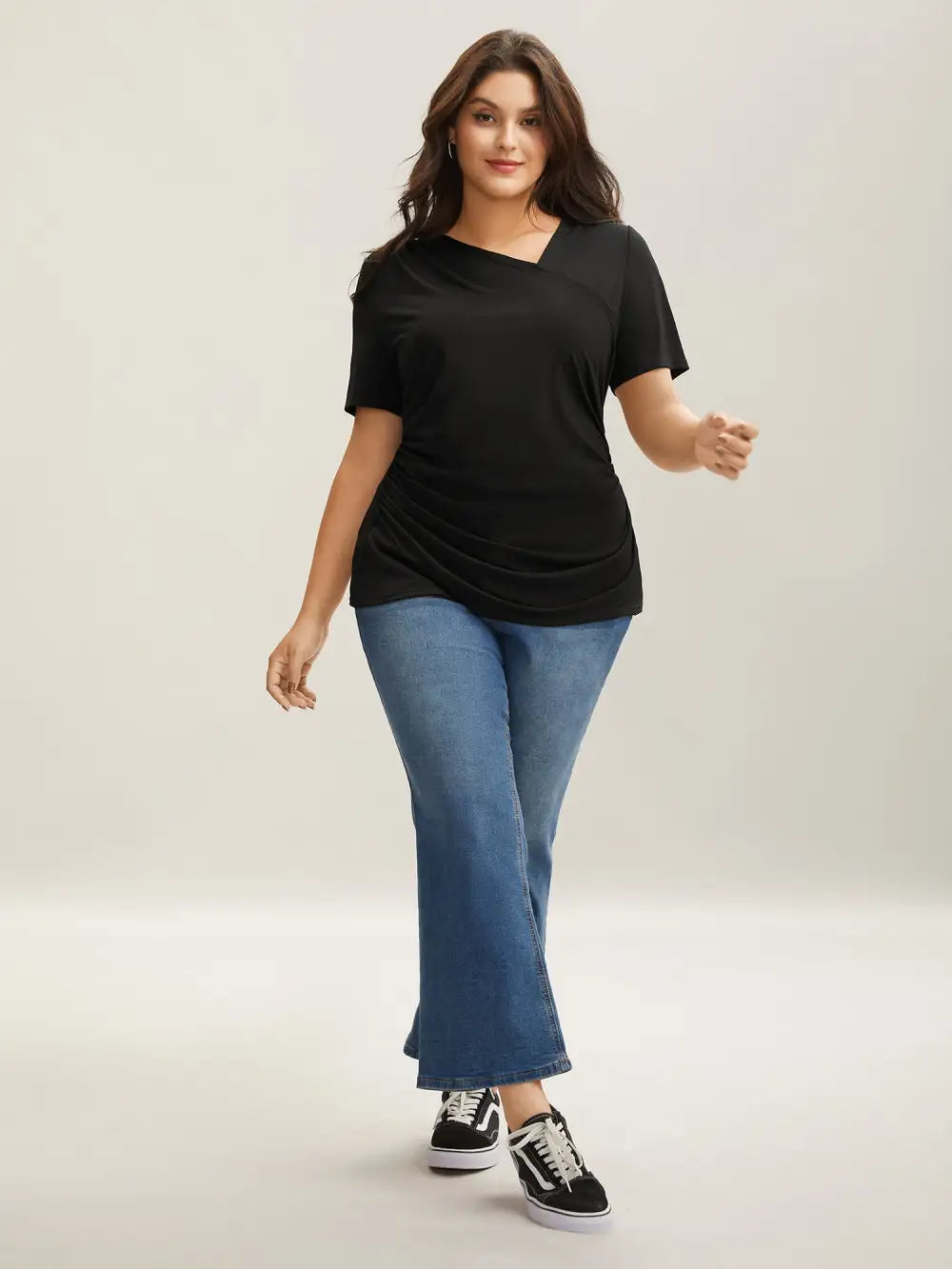 Asymmetrical Neckline Curved Hem Plain T-Shirt