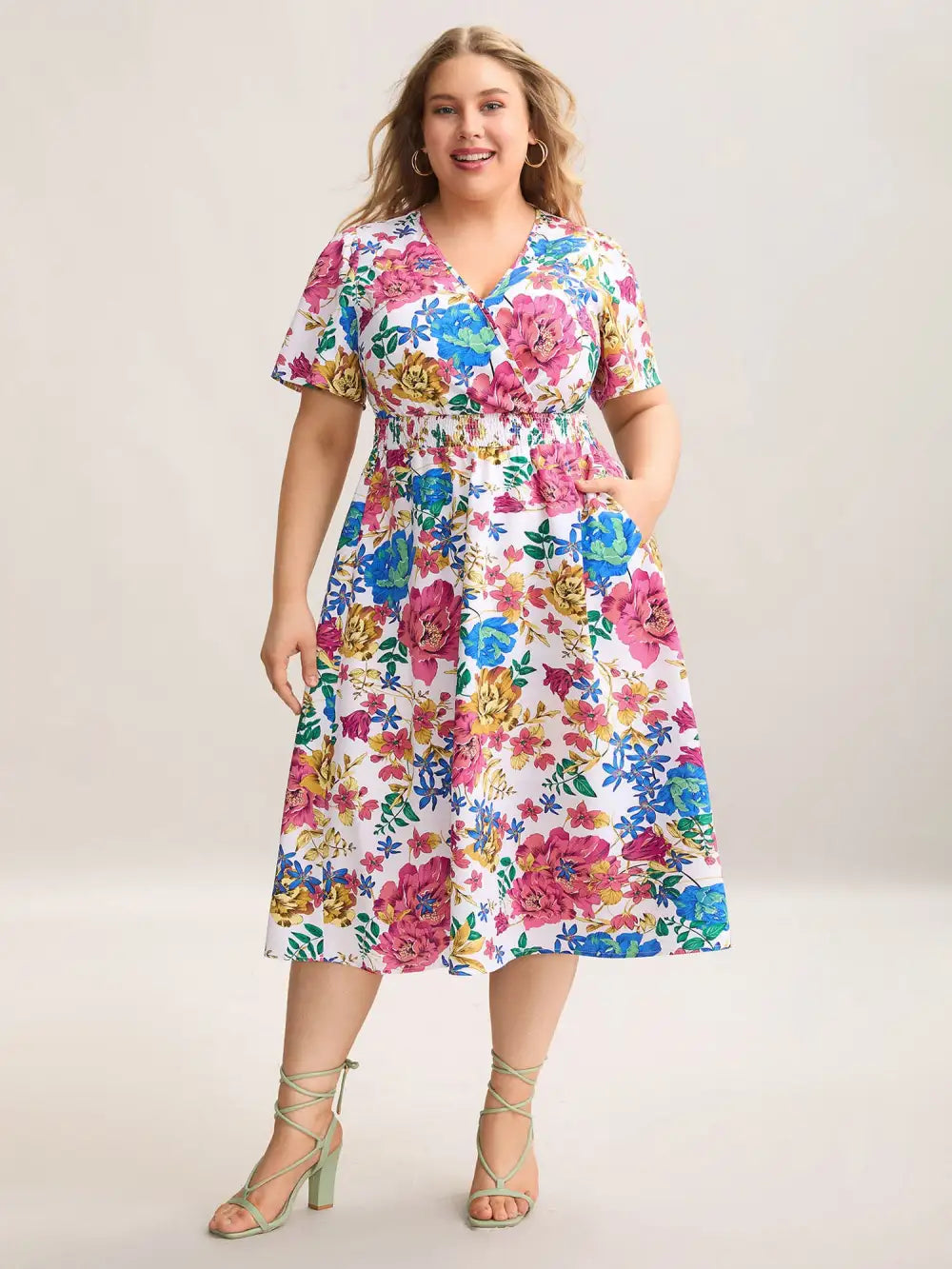 Blooming Flowers Surplice Neck Pockets Dress