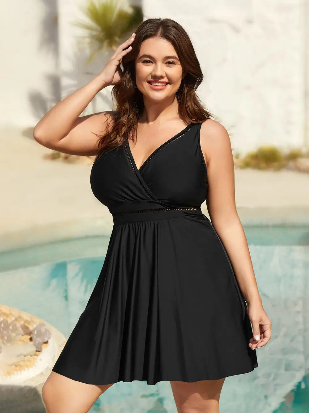 Cut-Out Surplice Neck Webbed Swim Dress
