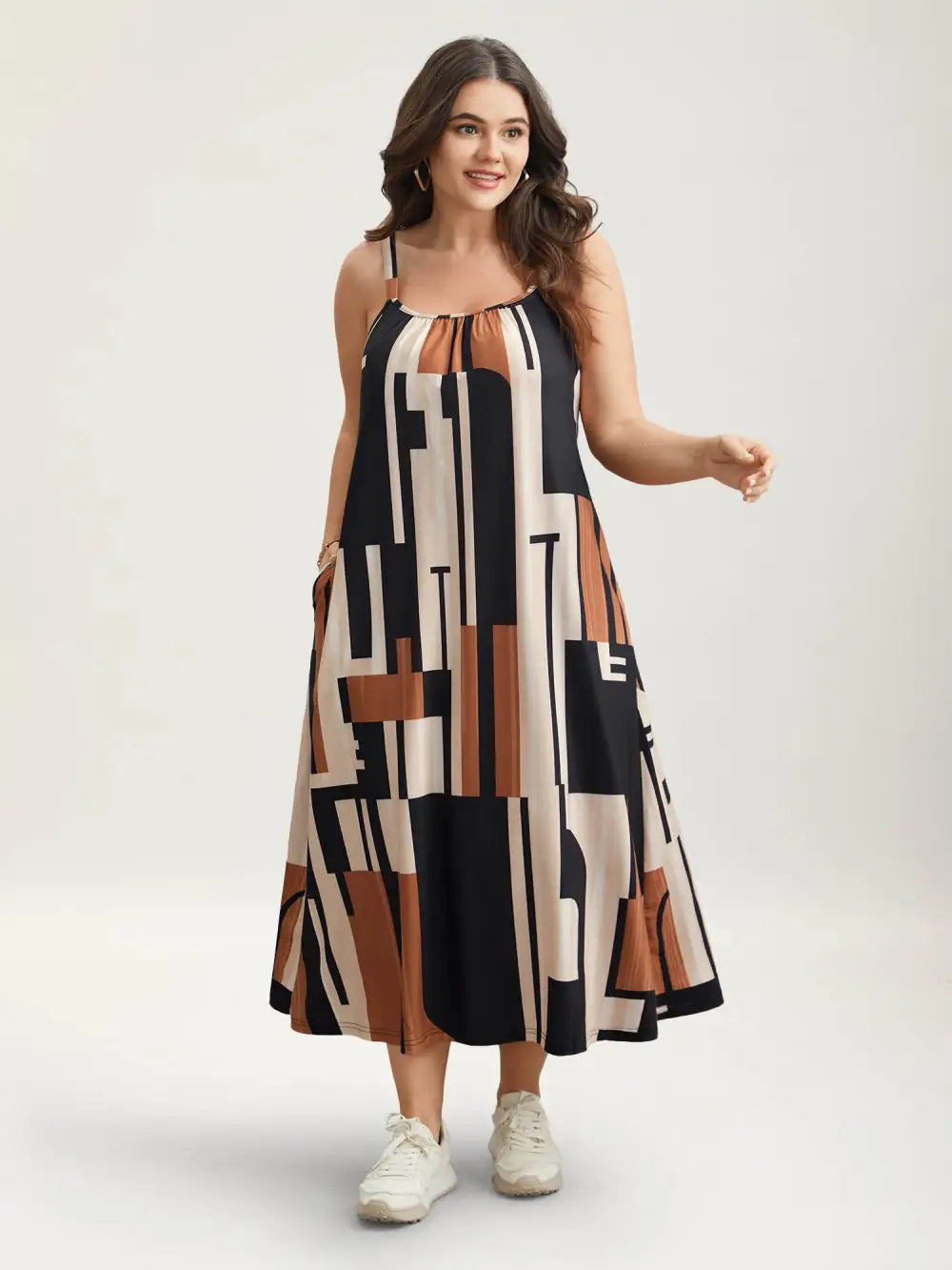 Abstract Print Pockets Cami Midi Dress