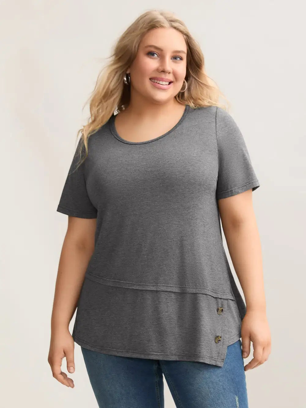 Asymmetrical Hem Buttons Plain Knit Top
