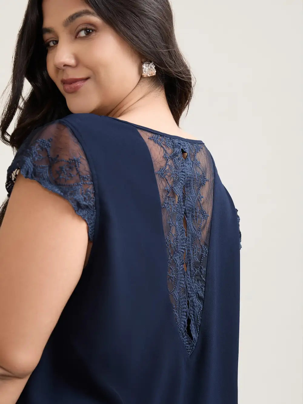 Back Lace Sheer Sleeve Solid Shirt