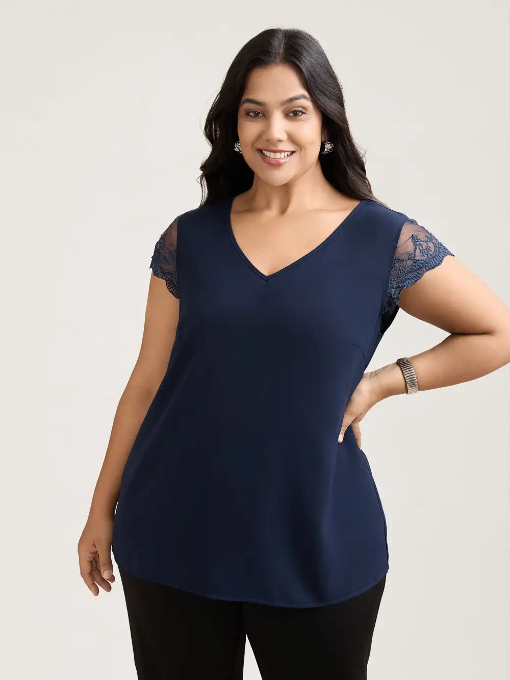 Back Lace Sheer Sleeve Solid Shirt