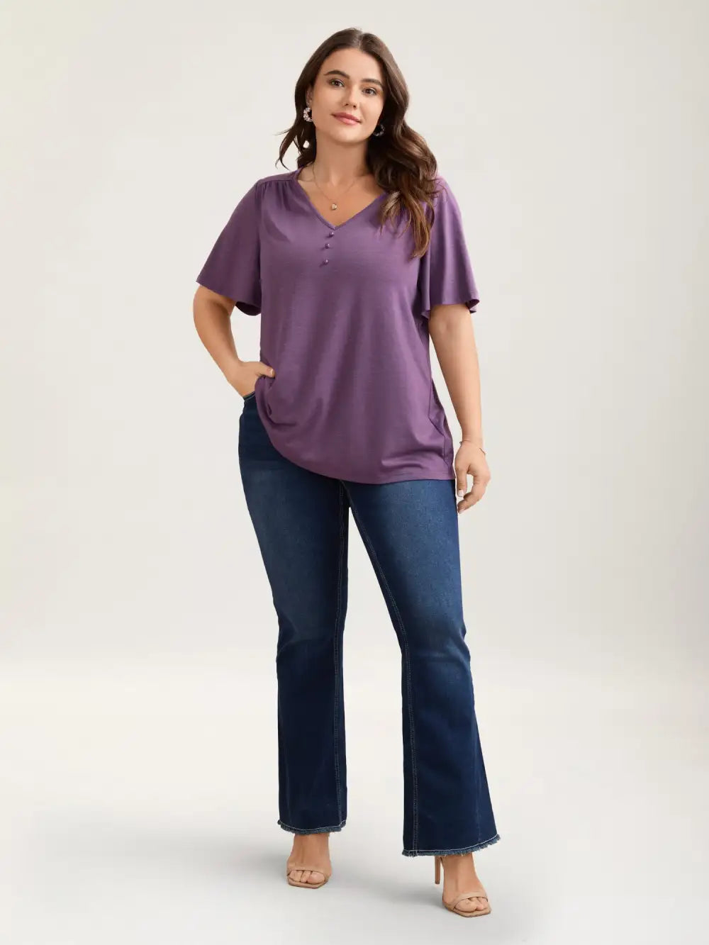 Bamboo Textured Pleated Shoulder Button T-Shirt